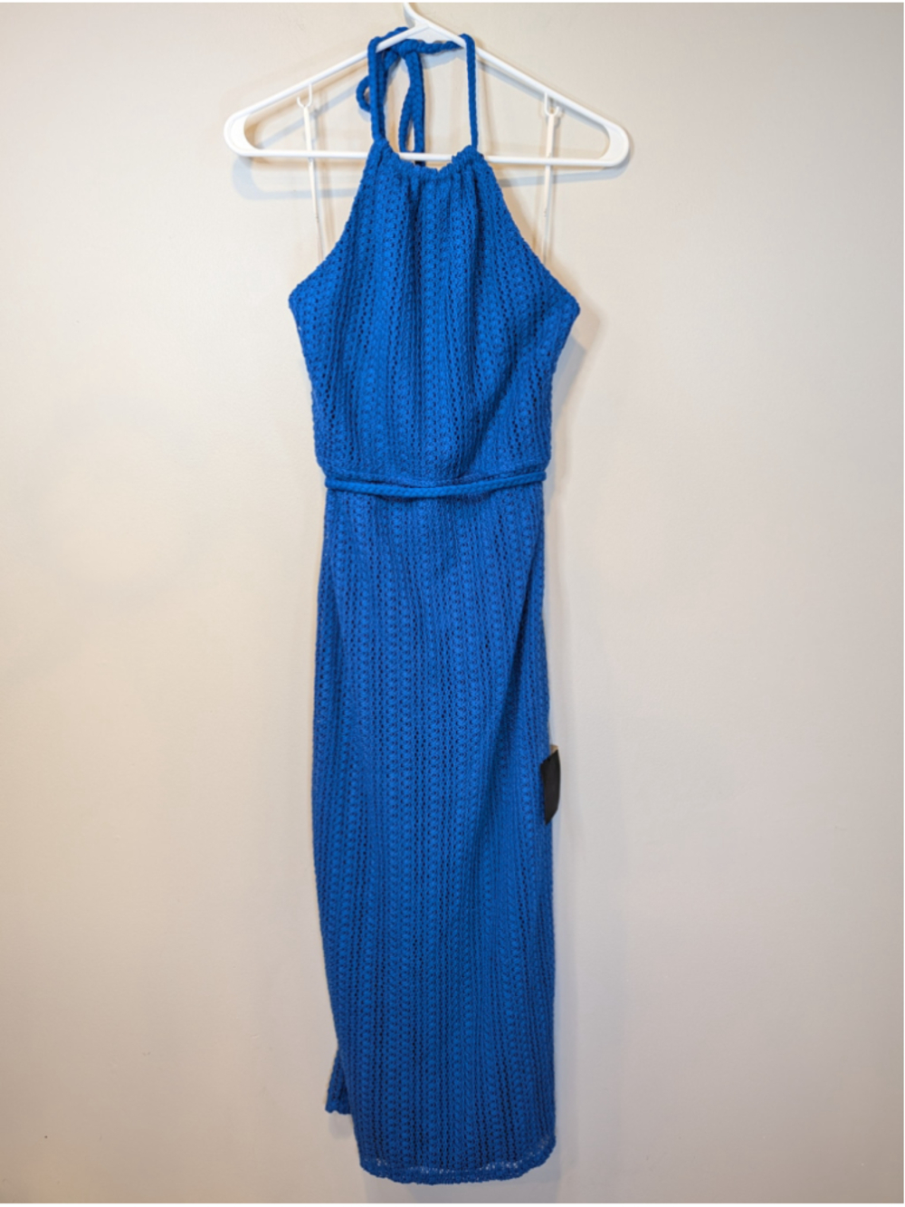 Lulus Sunny Impression Blue Crochet Halter Midi Dress Removable Belt NWT Small - Picture 2 of 10